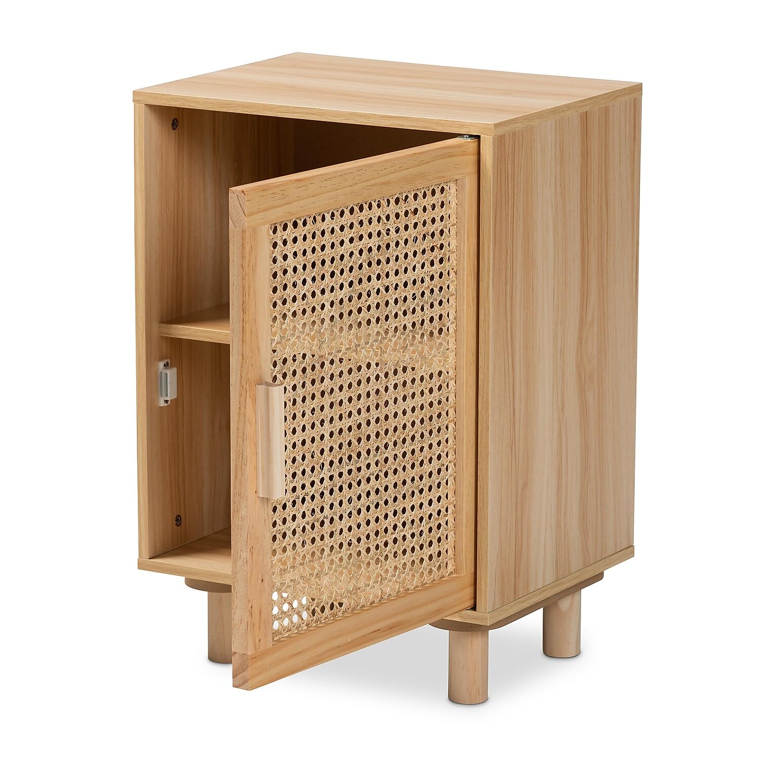 Baxton Studio Maclean Mid-Century Modern Rattan and Natural Brown Finished Wood 1-Door Nightstand
